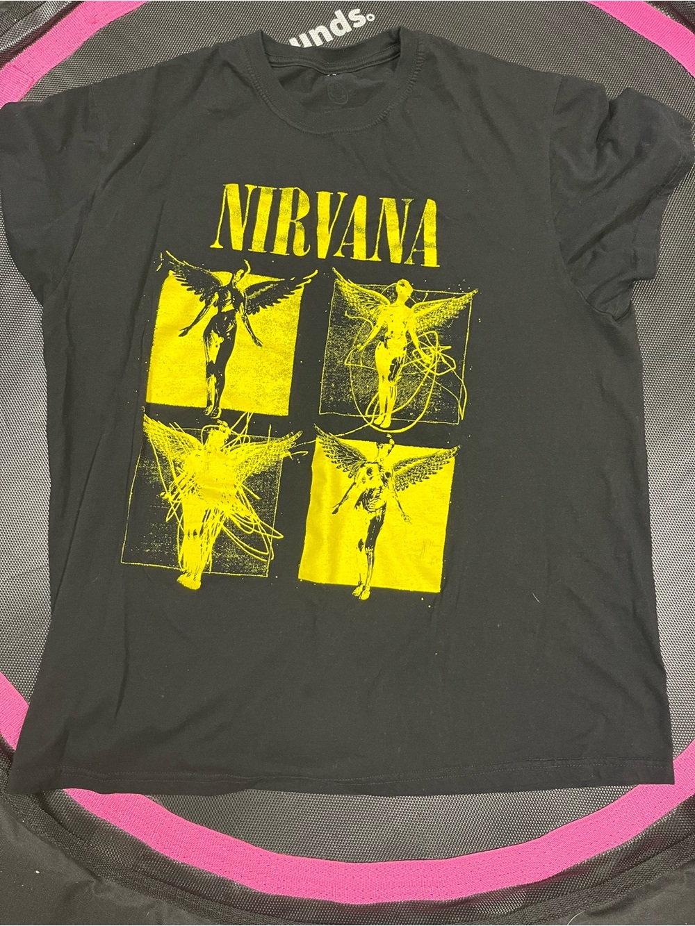 NIRVANA Black Tee with Yellow Angel Grid Graphic